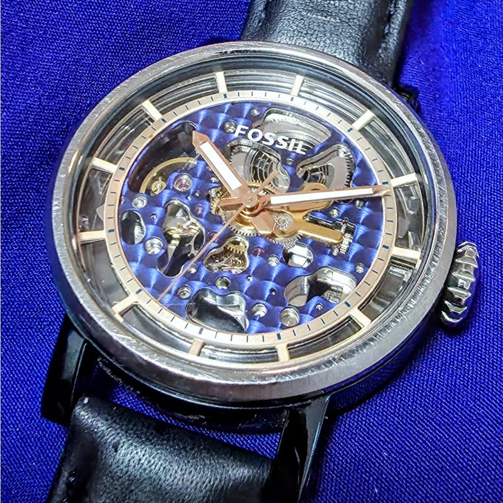 Fossil Boyfriend Skeleton Blue Dial & Strap Women Watch